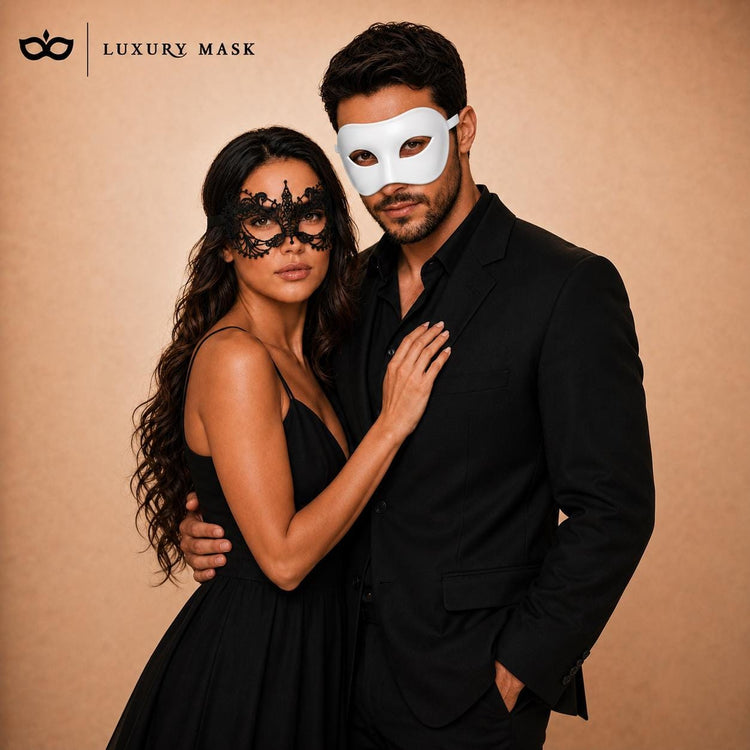 Black White lace masquerade mask couples set product view 2