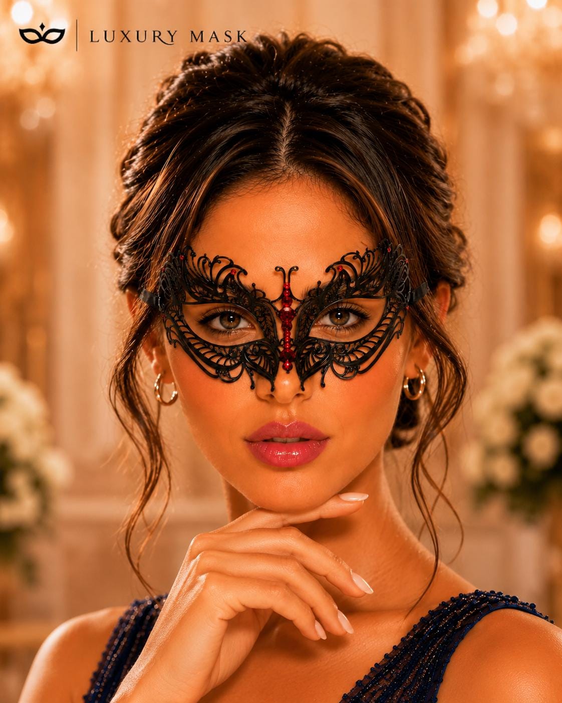 Black Red metal masquerade mask for women product view 4
