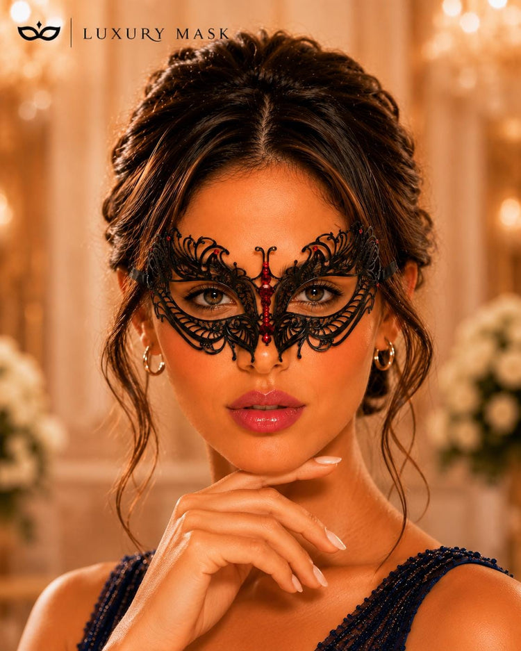 Black Red metal masquerade mask for women product view 4