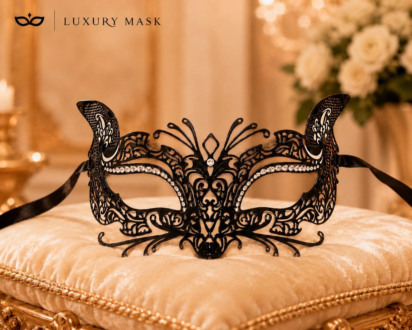 Black metal masquerade mask for women product view 5