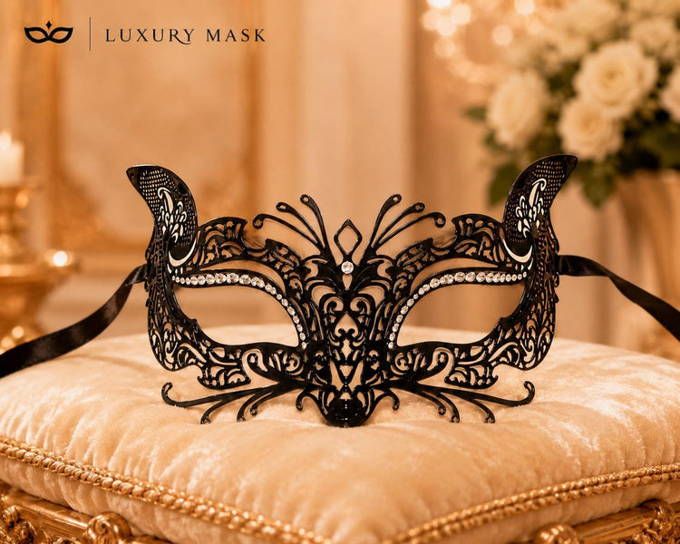 Black metal masquerade mask for women product view 5