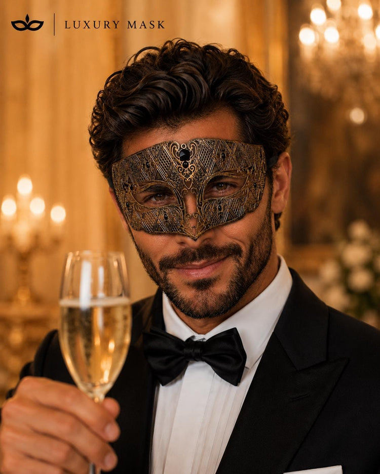 Black metal masquerade mask for men product view 3