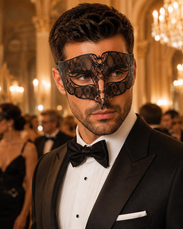 Black metal masquerade mask for men product view 2