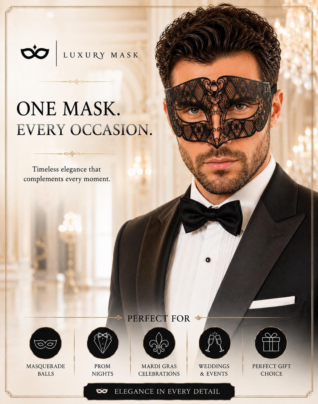 Black metal masquerade mask for men product view 5