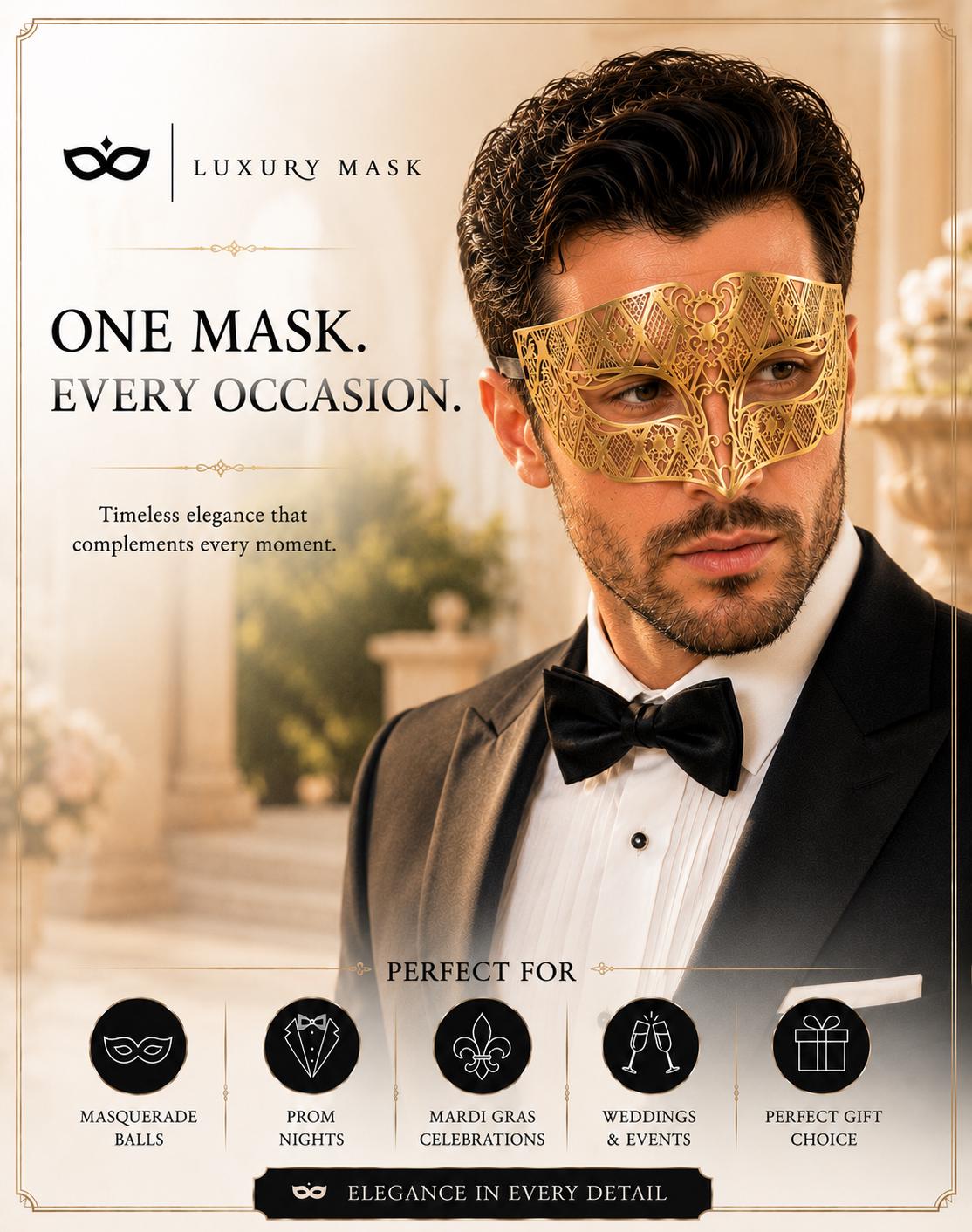 Gold metal masquerade mask for men product view 5