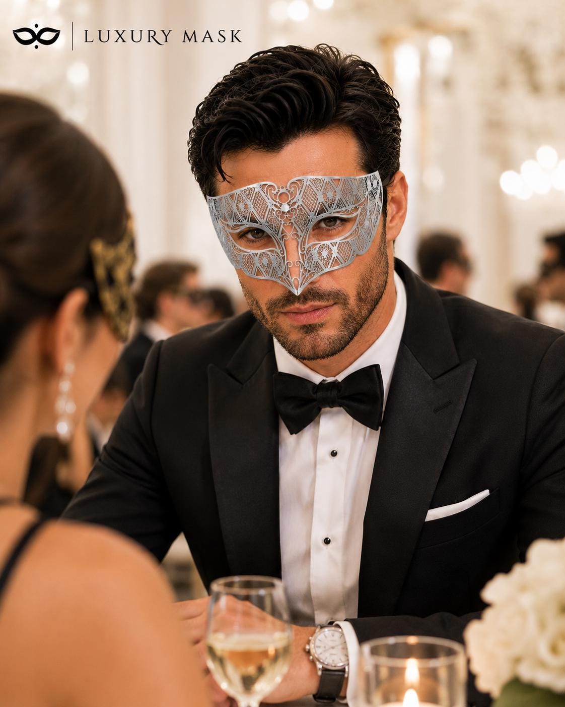 Silver metal masquerade mask for men product view 4