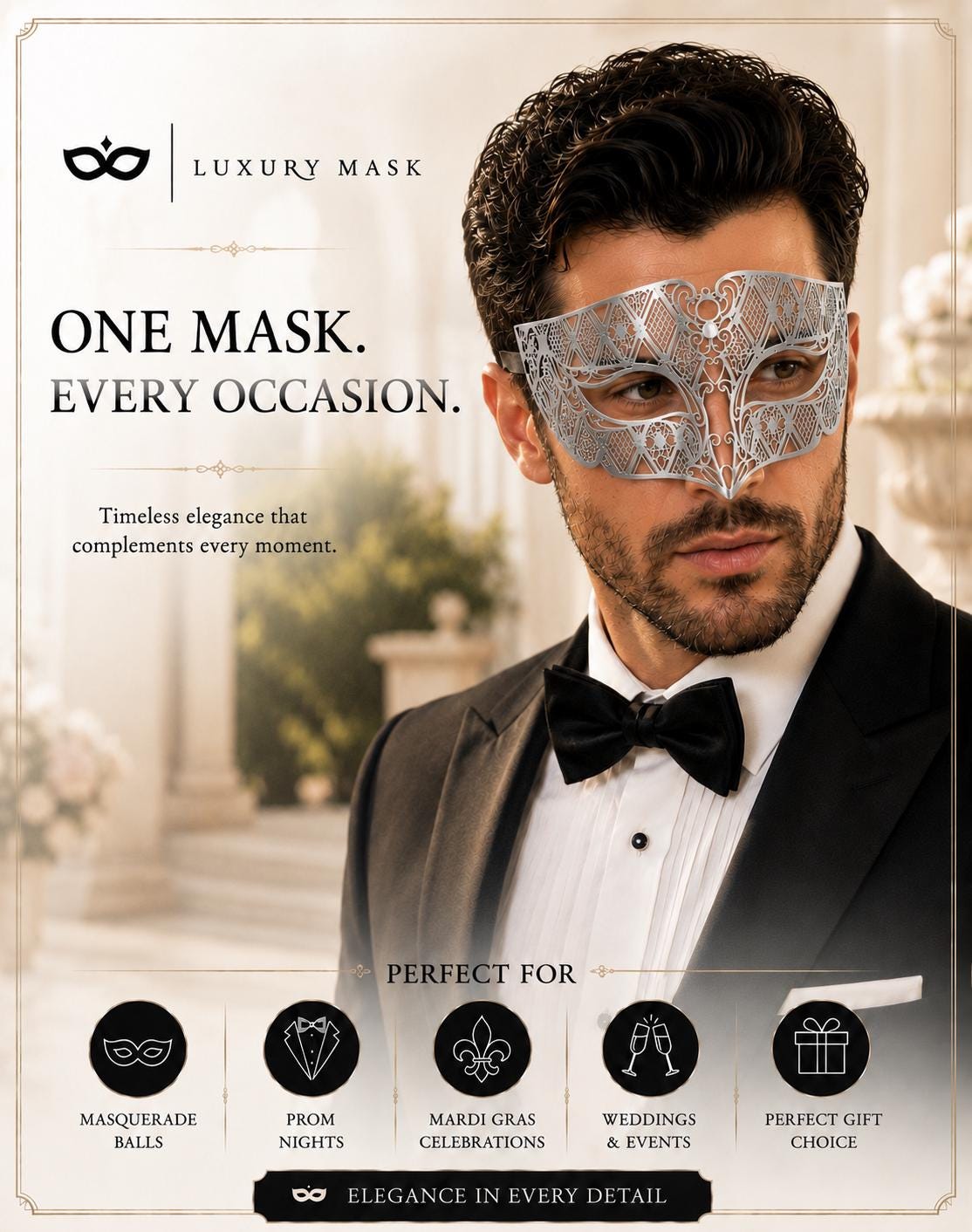 Silver metal masquerade mask for men product view 6