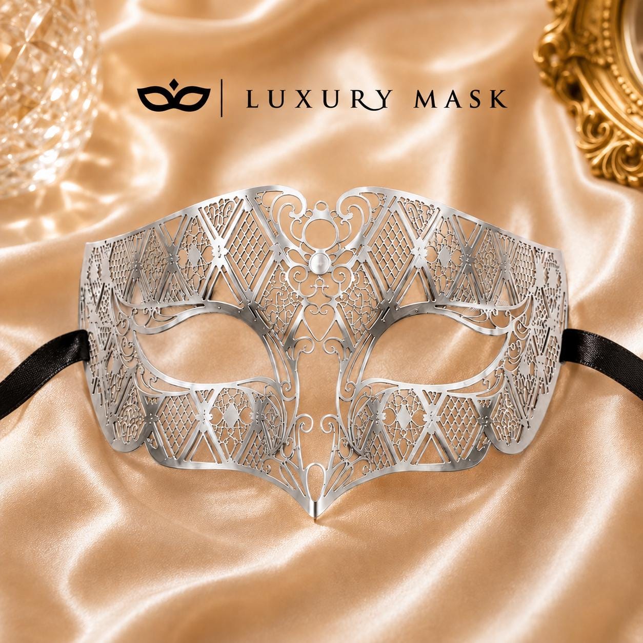 Silver metal masquerade mask for men product view 5