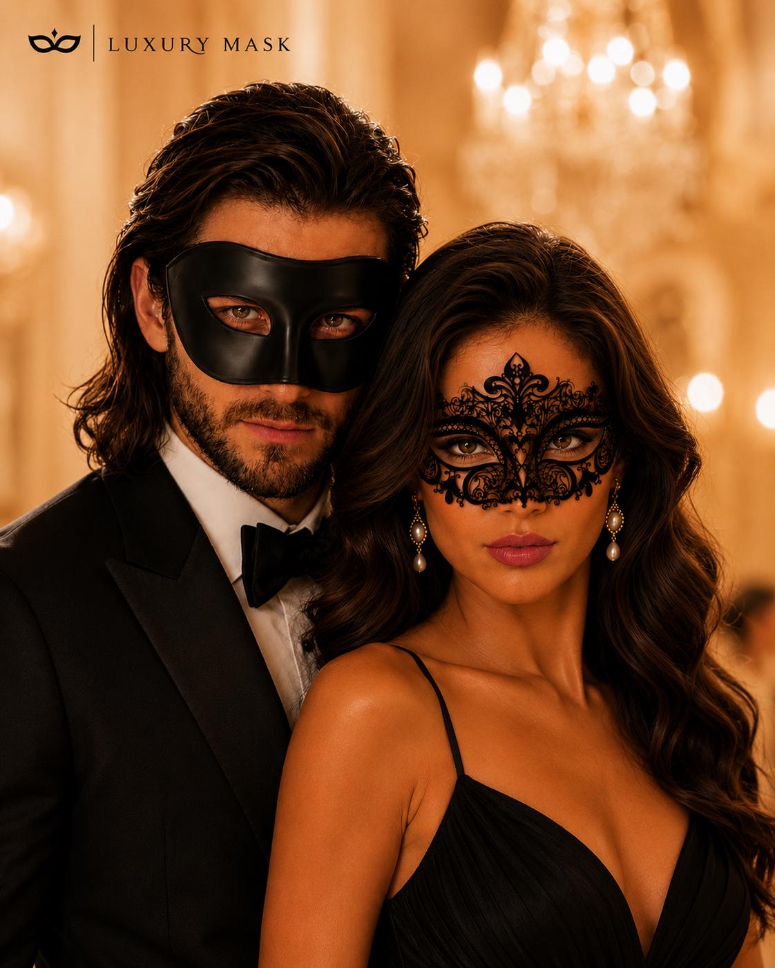 Black metal masquerade mask couples set product view 2