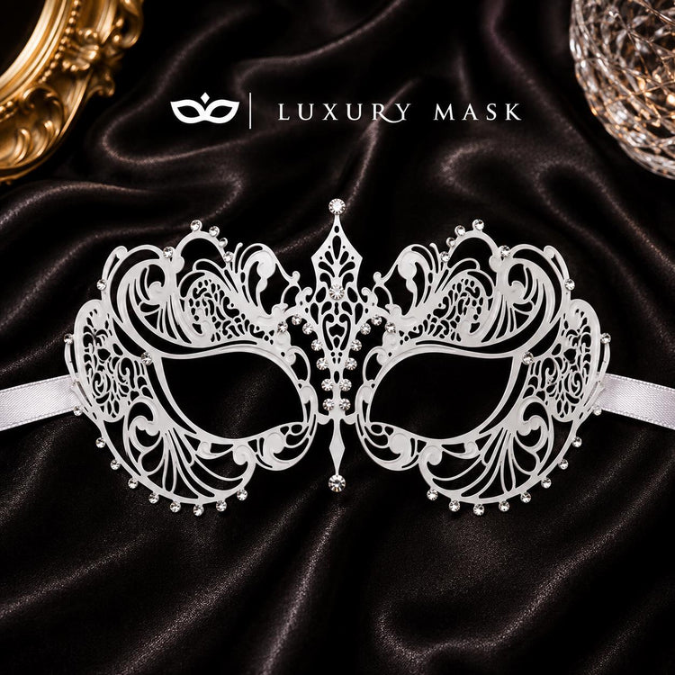 White metal masquerade mask product view 4