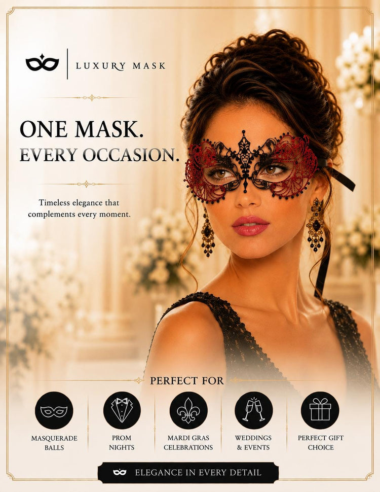 Black Red metal masquerade mask product view 5