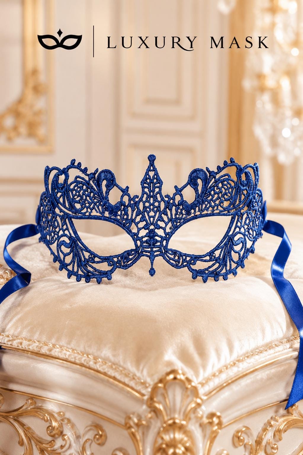 Blue lace masquerade mask for women product view 5