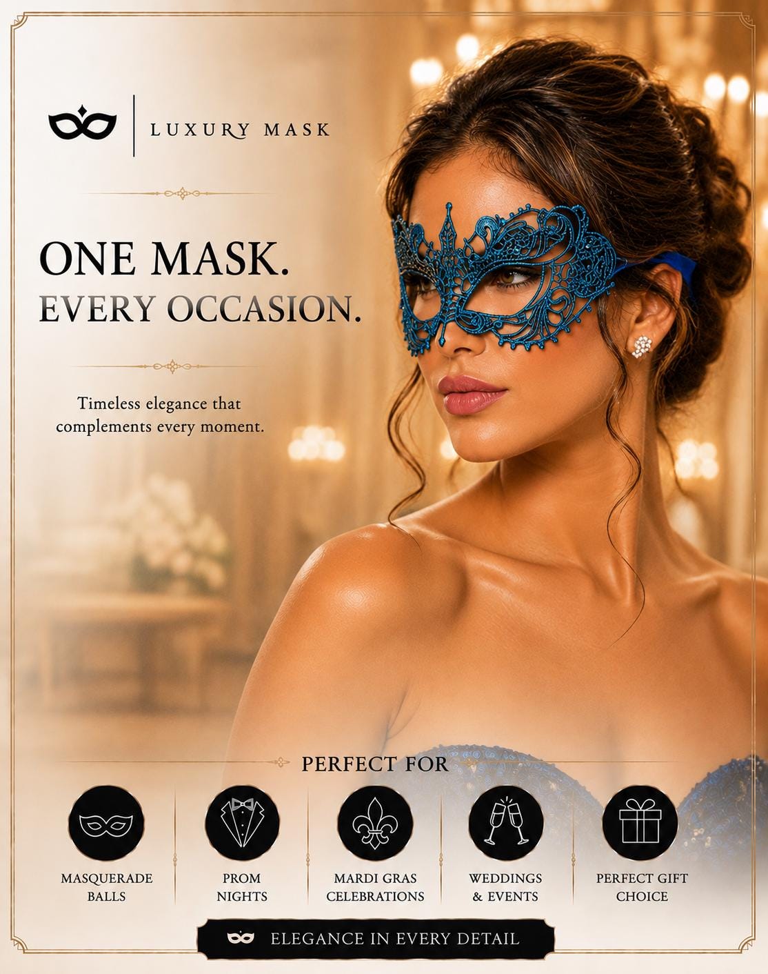 Blue lace masquerade mask for women product view 5