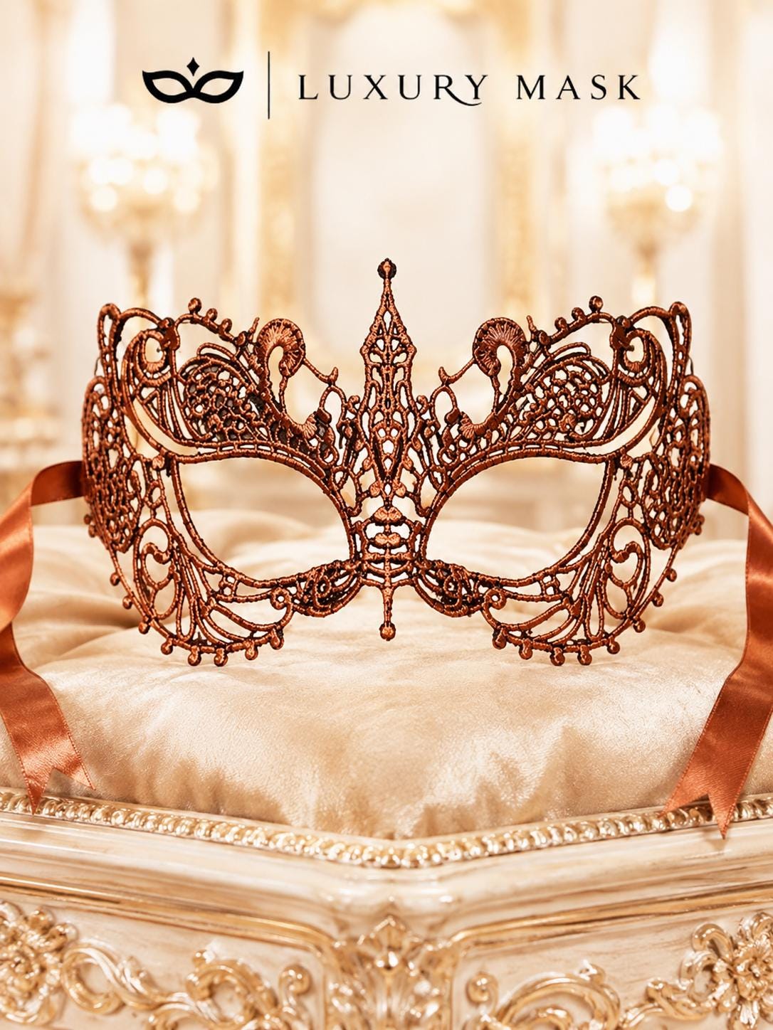 Orange lace masquerade mask for women product view 5