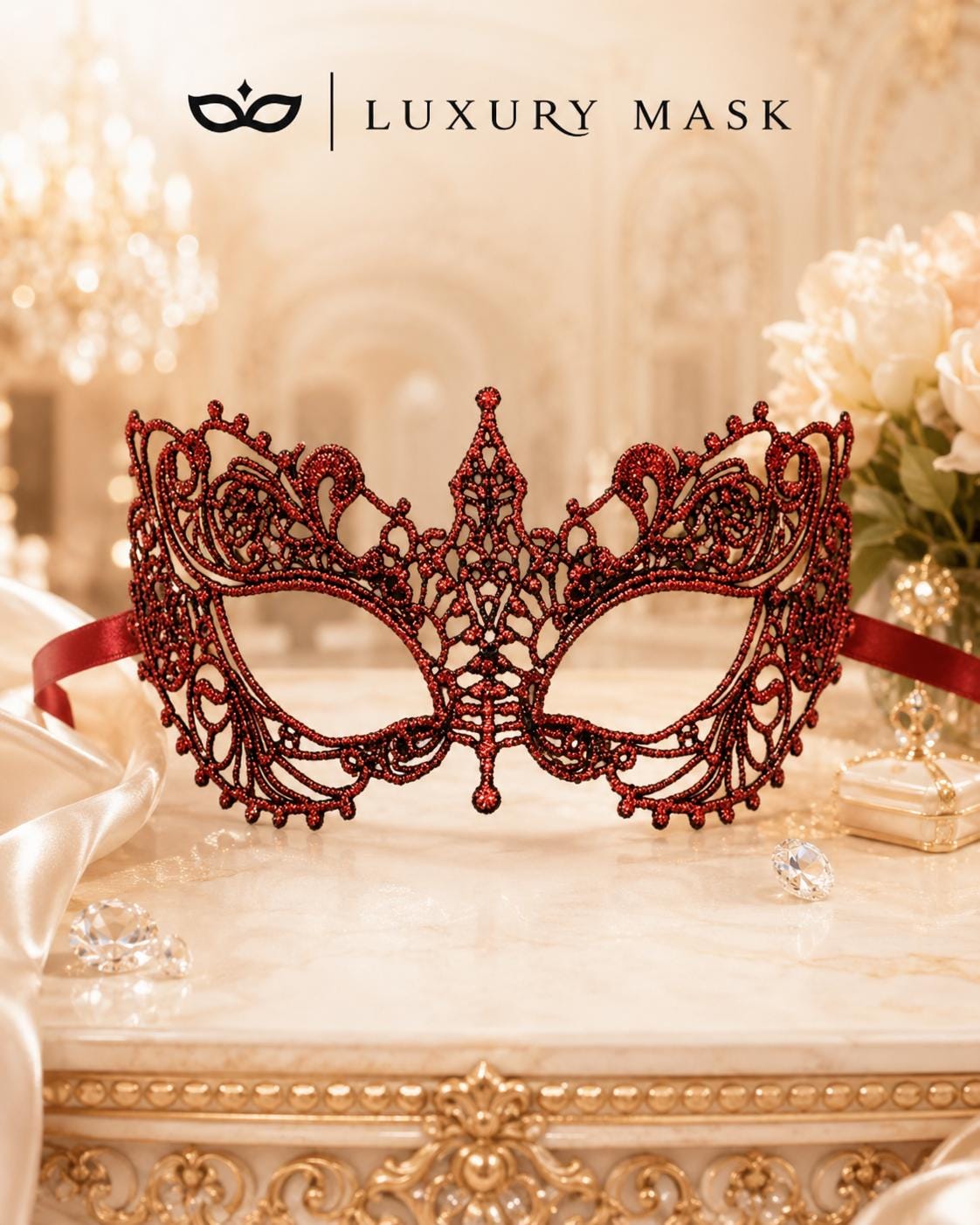 Red Venetian Lace Masquerade Mask for Women product view 5
