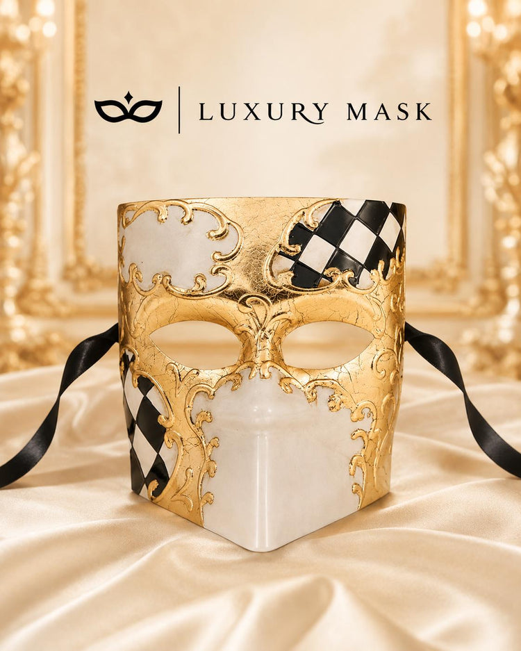 Gold White Venetian Bauta Mask with Black Checkered Design product view 5