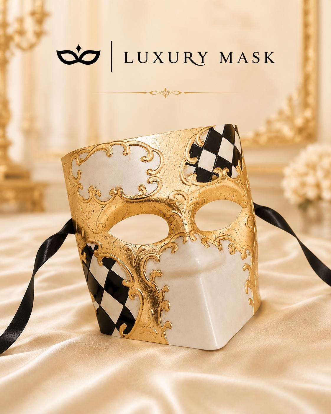Gold White Venetian Bauta Mask with Black Checkered Design product view 6