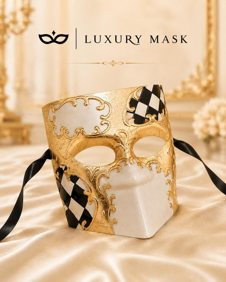 Gold White Venetian Bauta Mask with Black Checkered Design product view 6