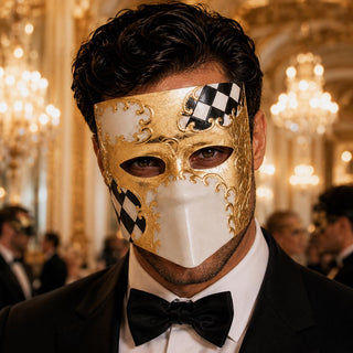 Gold White Venetian Bauta Mask with Black Checkered Design