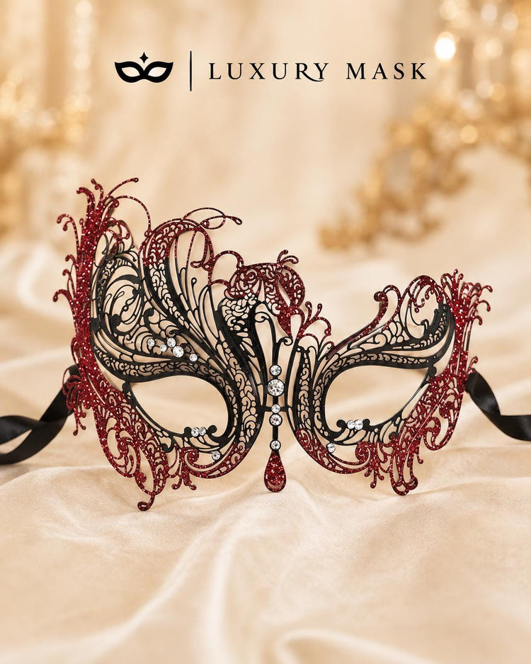 Black Swan Filigree Mask with Red Glitter and Clear Stones product view 5