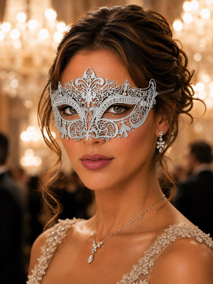 White Crown Masquerade Mask with Clear Rhinestones product view 2
