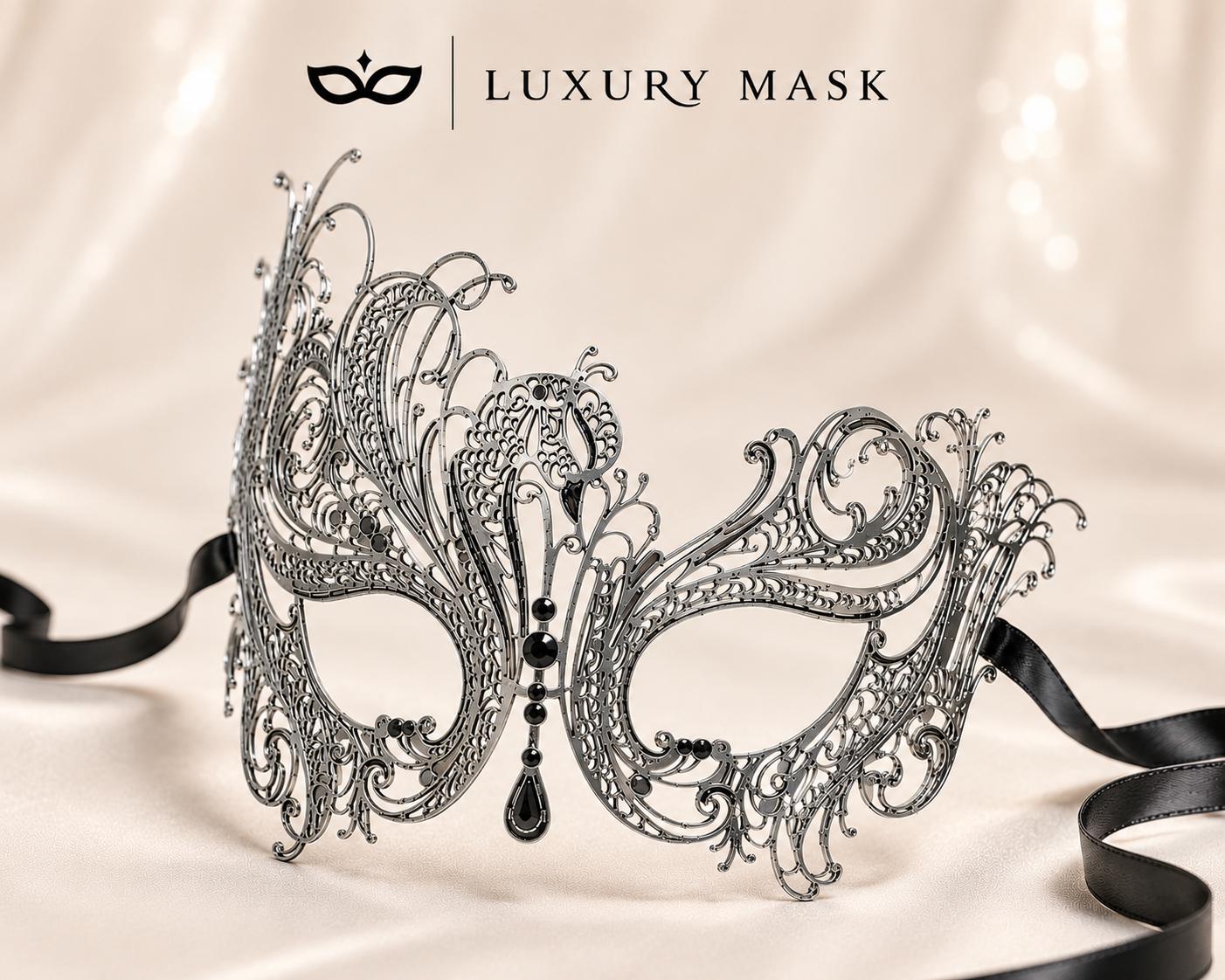 Antique Silver Swan Masquerade Mask with Black Stones product view 5