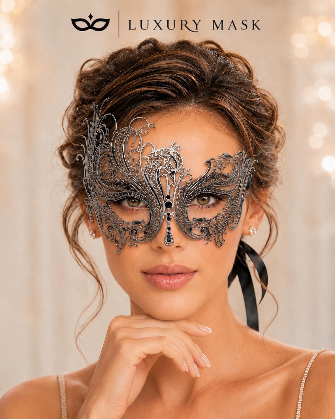 Antique Silver Swan Masquerade Mask with Black Stones product view 3