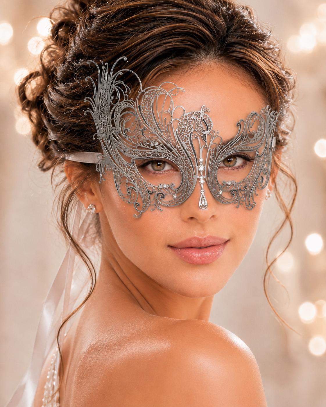 Antique Silver Swan Masquerade Mask with Clear Stones product view 2