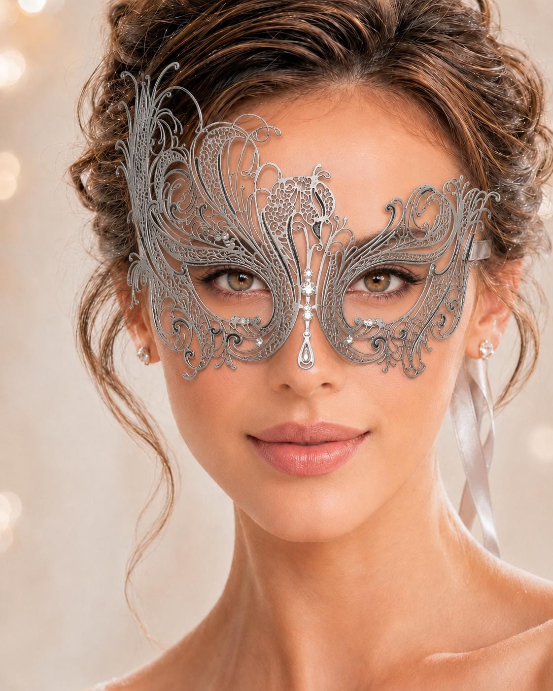 Antique Silver Swan Masquerade Mask with Clear Stones