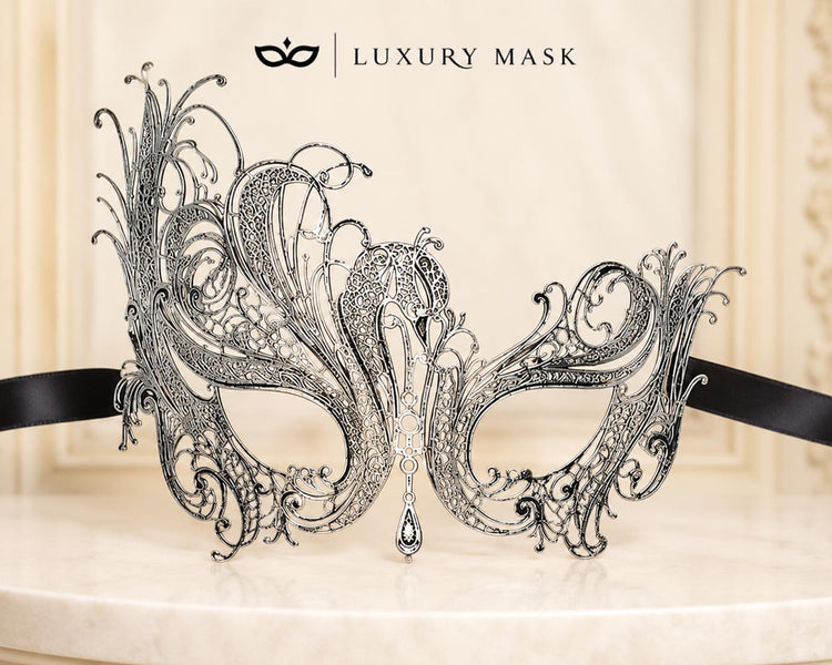 Antique Silver Swan Metal Masquerade Mask – No Stones product view 5