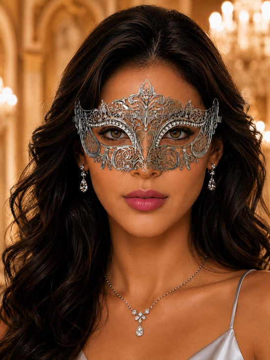 Silver Crown Masquerade Mask with Clear Rhinestones
