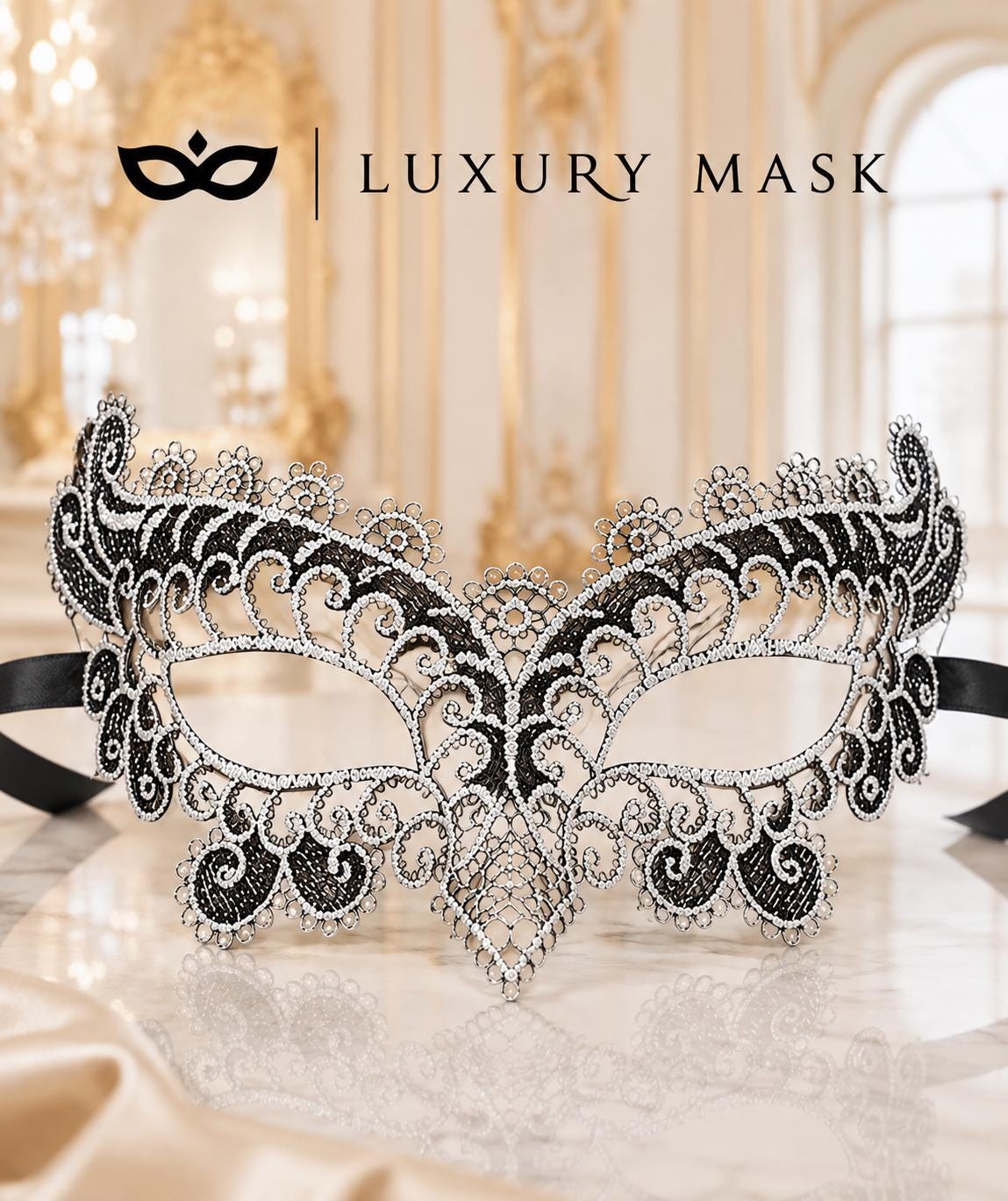 Black Silver Flower Lace Masquerade Mask for Women product view 6