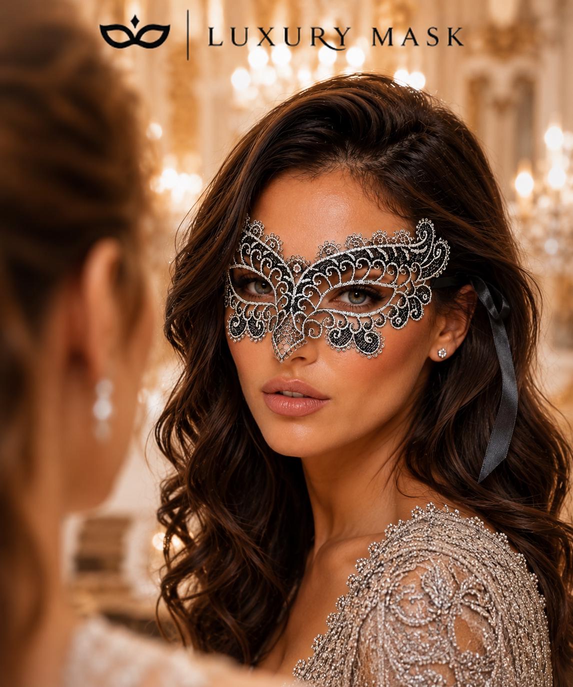 Black Silver Flower Lace Masquerade Mask for Women product view 4