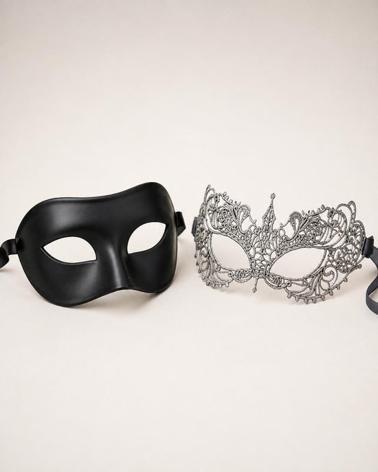 Black Silver lace masquerade mask couples set product view 2
