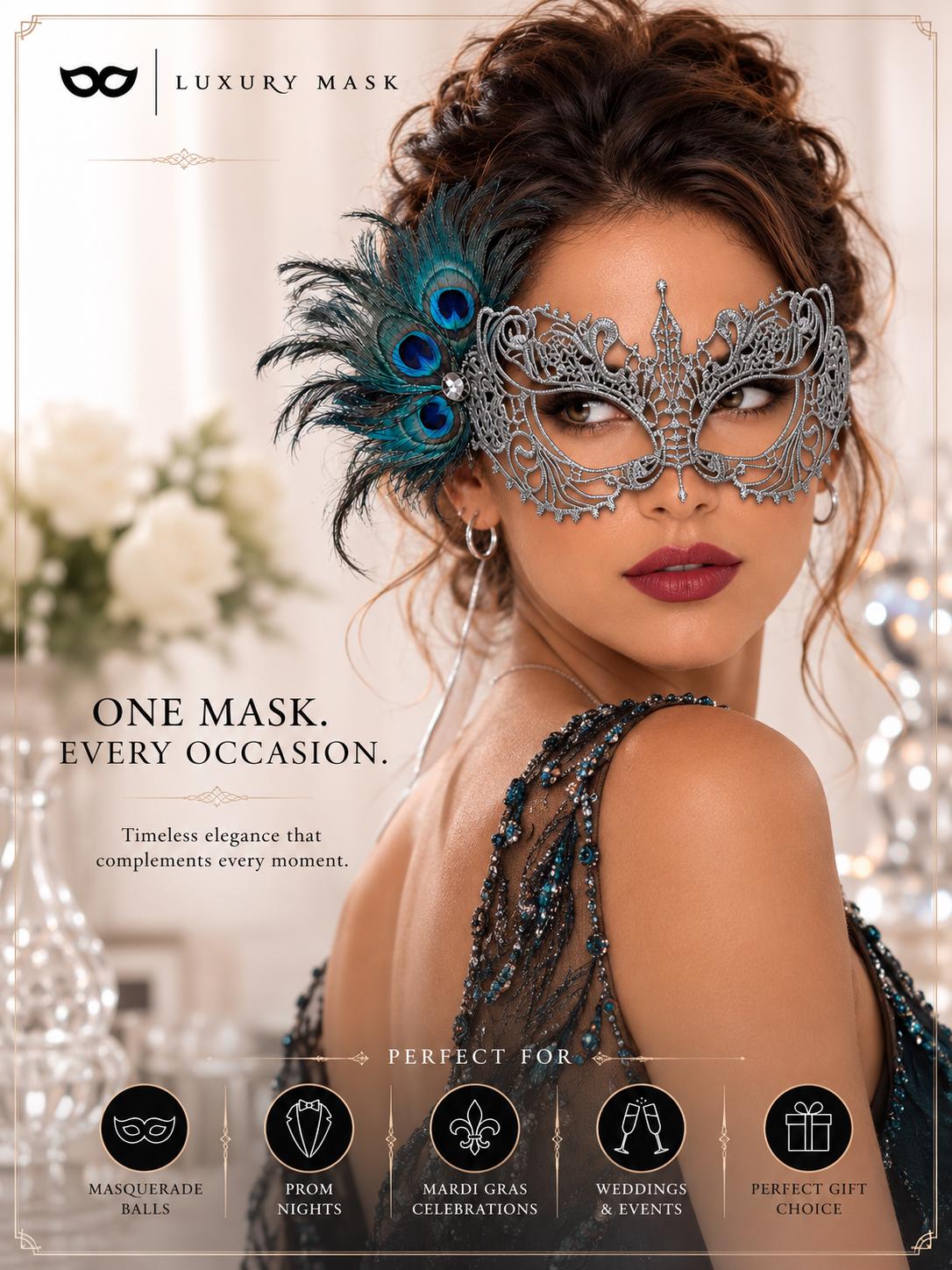 Silver peacock feather masquerade mask for women product view 5