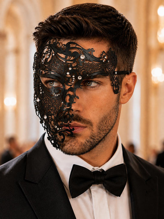 Black metal masquerade mask for men product view 2