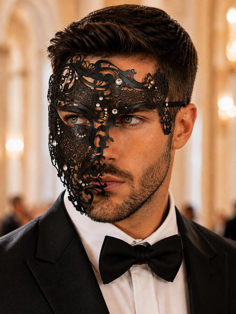 Black metal masquerade mask for men product view 2