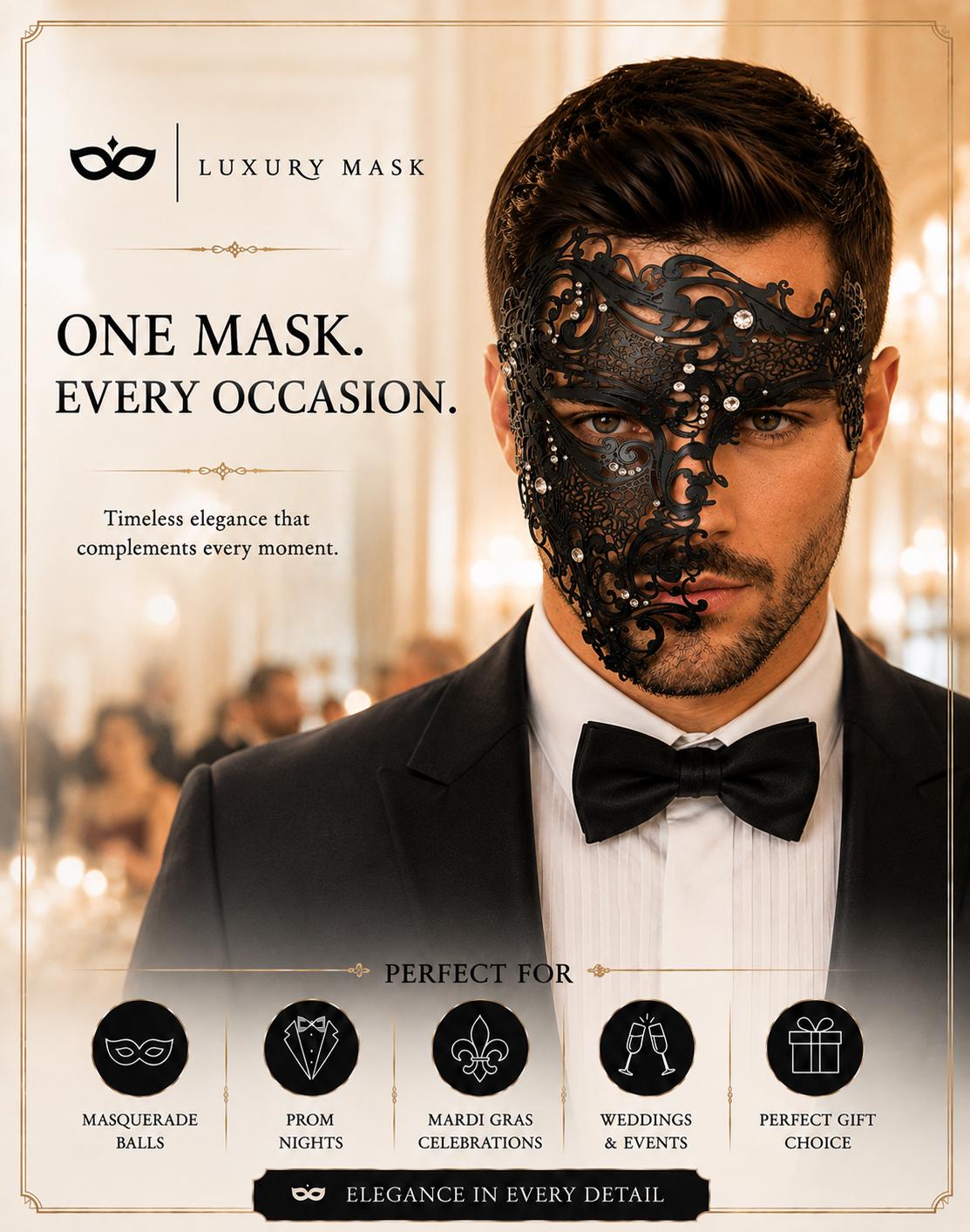 Black metal masquerade mask for men product view 6