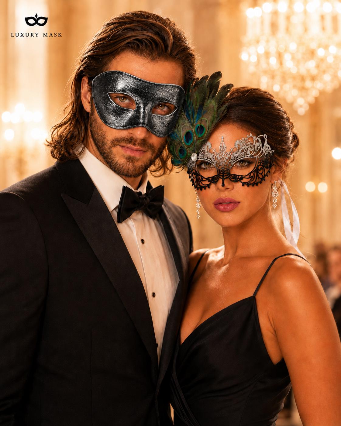 Black Silver peacock feather masquerade mask couples set