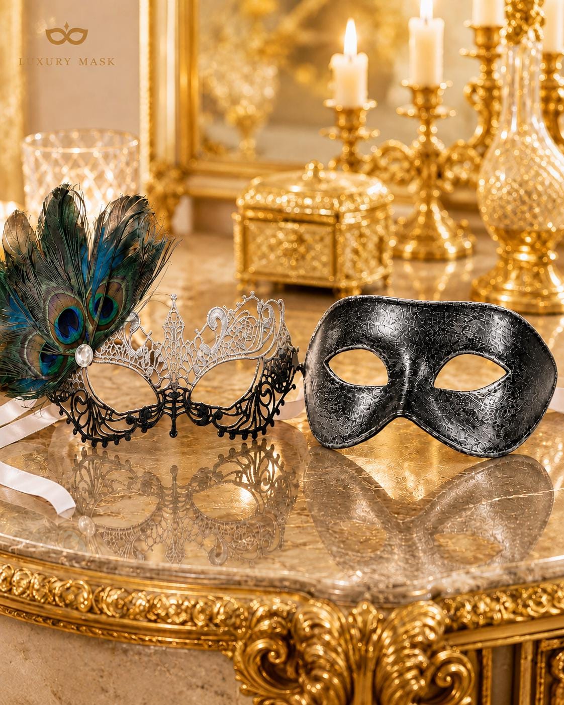 Black Silver peacock feather masquerade mask couples set product view 6