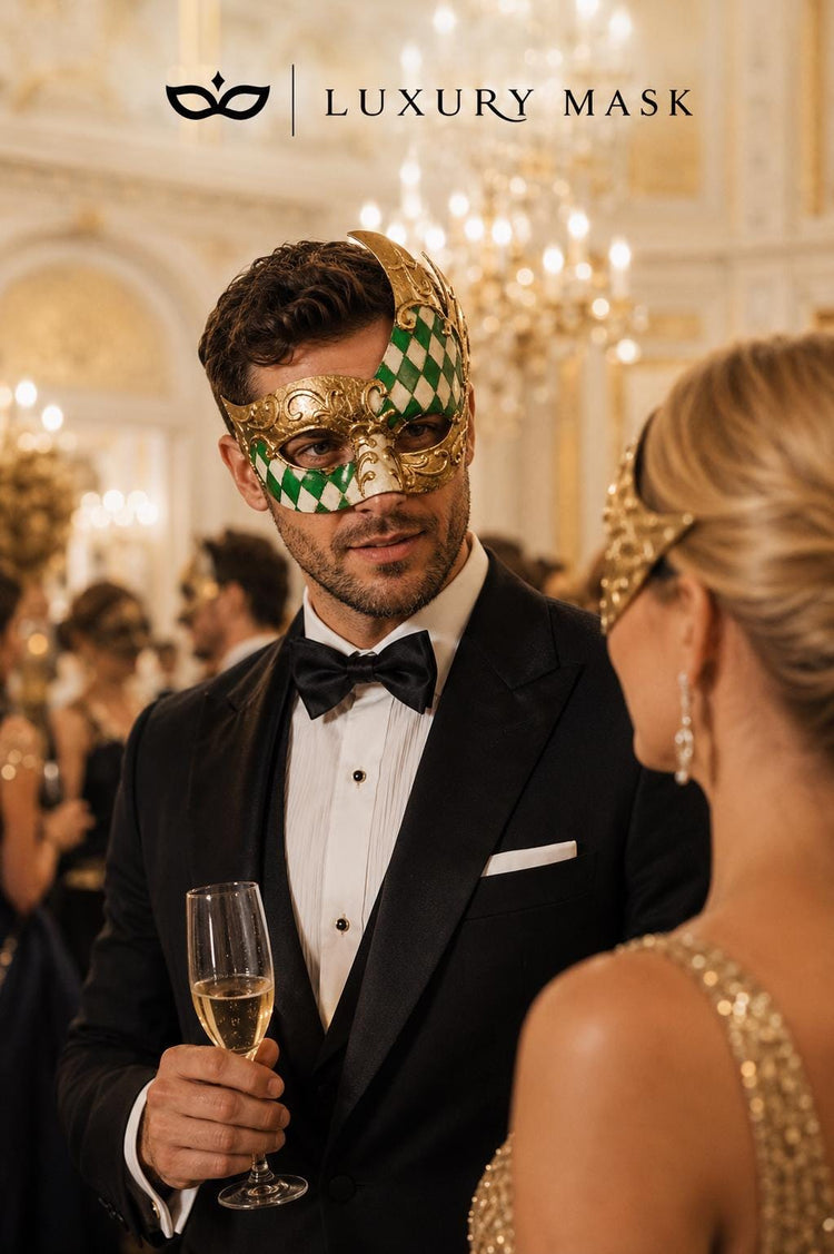 Gold Green masquerade mask for men product view 3
