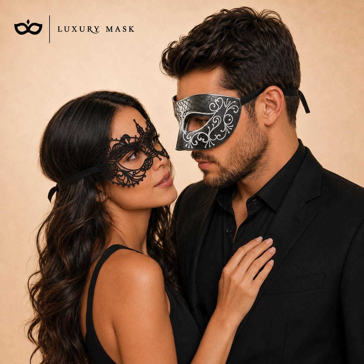 Black Silver lace masquerade mask couples set product view 2