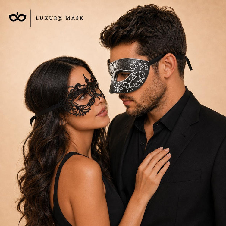 Black Silver lace masquerade mask couples set product view 2
