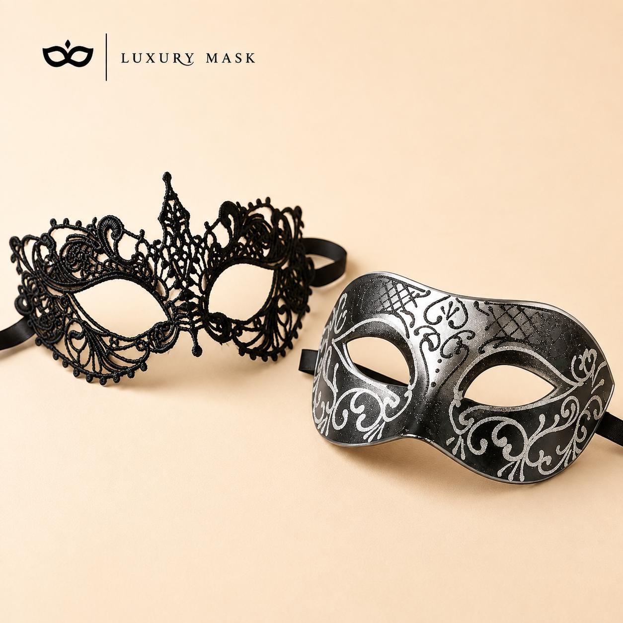 Black Silver lace masquerade mask couples set product view 5
