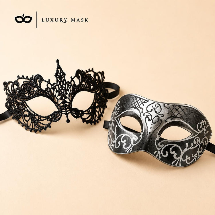 Black Silver lace masquerade mask couples set product view 5