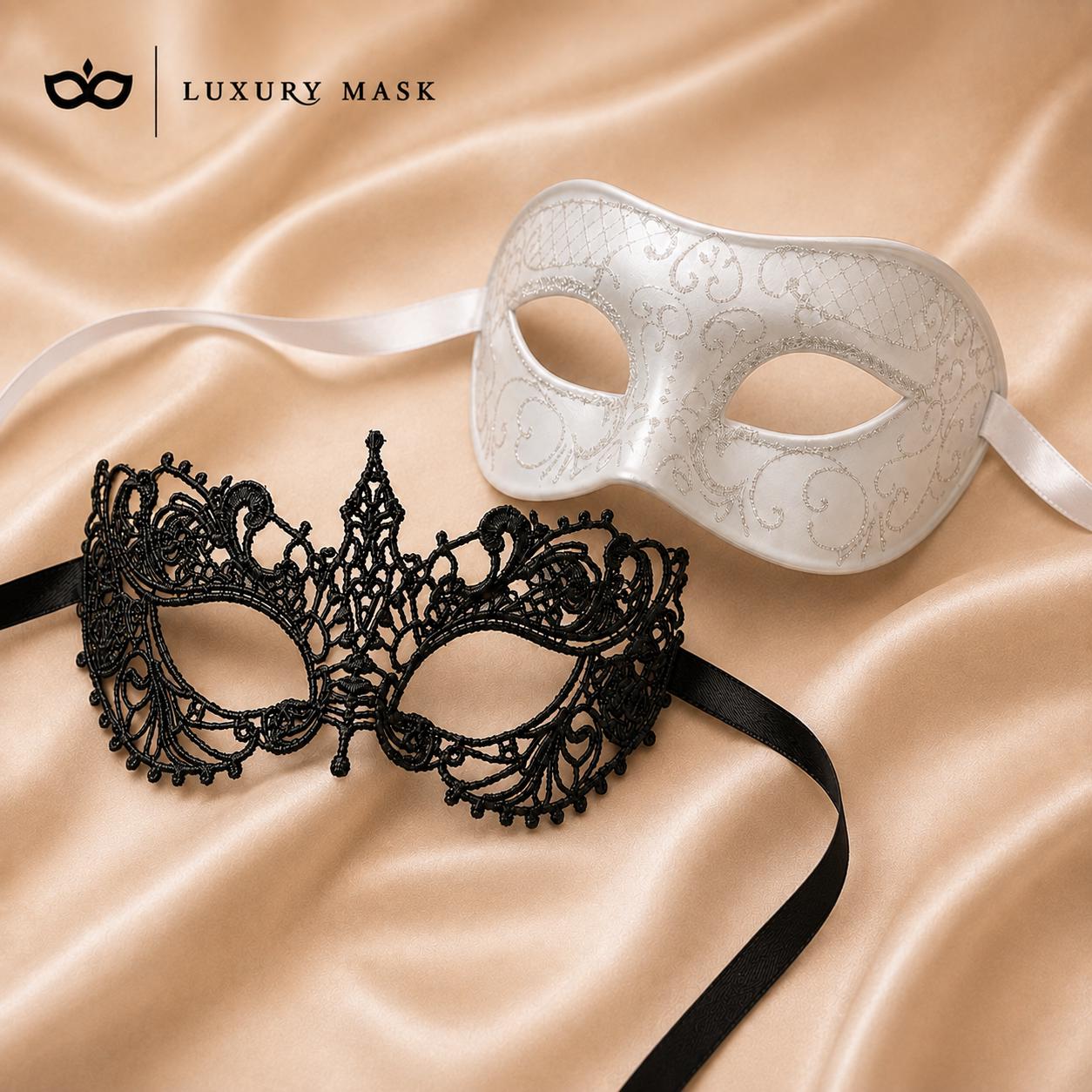 Black White lace masquerade mask couples set product view 5