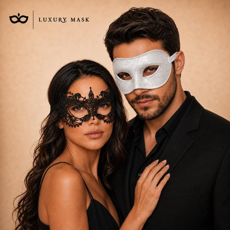 Black White lace masquerade mask couples set