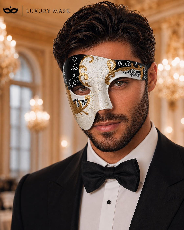 Black Gold Antique-Style Phantom of the Opera Half Face Venetian Masquerade Mask for Men | Vintage Mask for Mardi Gras, Halloween & Costume Parties product view 2