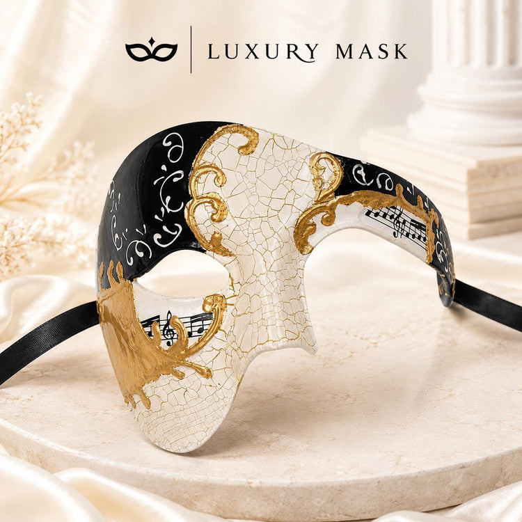 Black Gold Antique-Style Phantom of the Opera Half Face Venetian Masquerade Mask for Men | Vintage Mask for Mardi Gras, Halloween & Costume Parties product view 5