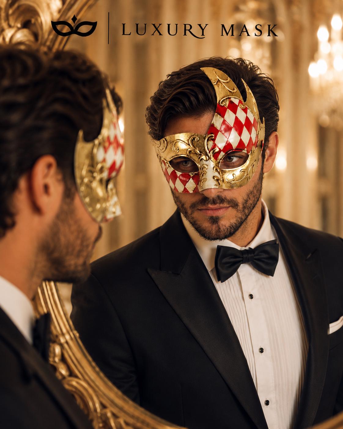 Gold Red masquerade mask for men product view 3
